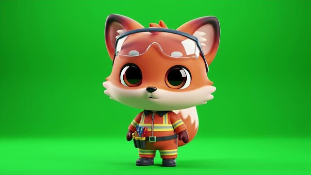 Cute Fox Mascot Character in Firefighter Uniform 3D Animation Isolated on Green Screen with Safety Helmet and Goggles Adorable Cartoon Mascot Perfect for Educational Contents and Professional