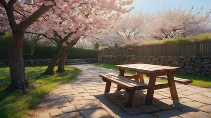 Picnic Table Under Cherry Blossoms