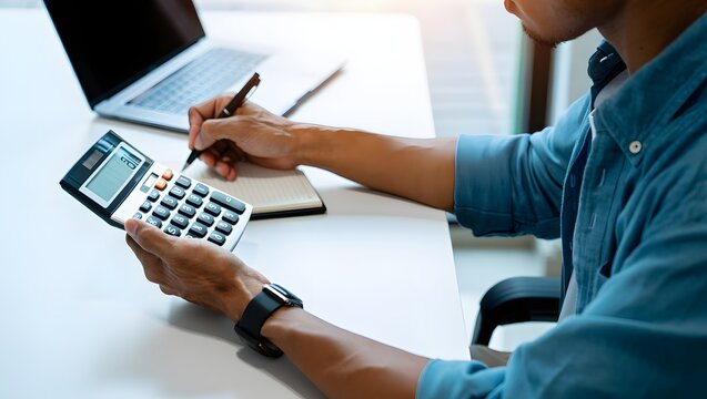 Doing finance, budgeting and tax calculation. Close up woman hand using calculator to calculate home finance, accounting with laptop computer on table, budget management, monthly expenses. - Powered by Adobe