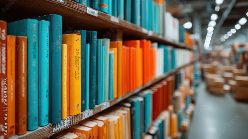 Poster a vibrant bookshelf filled with colorful books arranged neatly, creating a visually appealing librar
