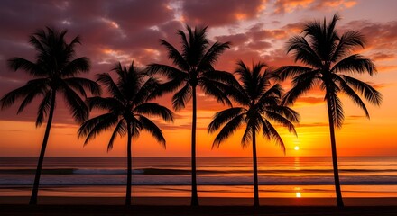 Obraz premium Silhouetted palm trees against a vibrant sunset sky over the ocean at a tropical beach
