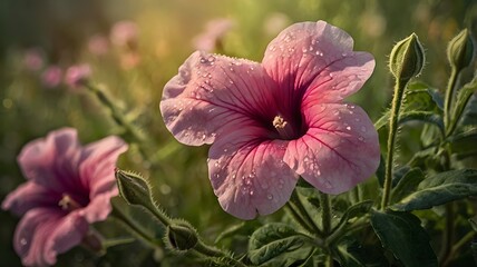 Pink petunia flower with morning dew