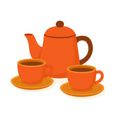 A Vibrant Orange Teapot Accompanied by Two Matching Cups, Perfectly Positioned on Saucer Plates, Evoking a Cozy Tea Time Atmosphere