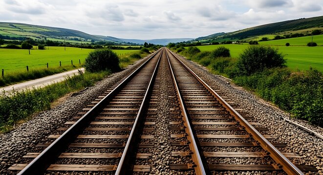 A striking perspective shot of two parallel train tracks disappearing into a lush green valley, surrounded by rolling hills and a cloudy sky.