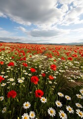 Fototapeta premium A vibrant field of red poppies and white daisies under a cloudy blue sky in summer