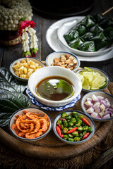 Traditional Thai Snack Miang Kham with Ingredients.