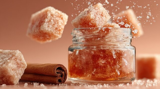 Quince quarters and sugar crystals around a jar of membrillo on peach backdrop