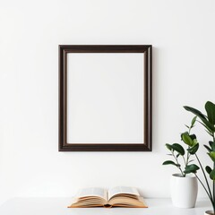 Simple minimalist frame mockup poster hanging on the white wall with plant decoration book mockup blank template professional presentation blank empty  creative composition ve