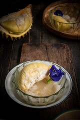 Khao Niao Durian in Coconut Milk (Khao Niao Durian) in a Cup.Close-up.