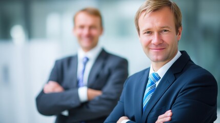 Fototapeta premium A confident businessman in a dark blue suit and striped tie smiles at the camera with arms crossed,