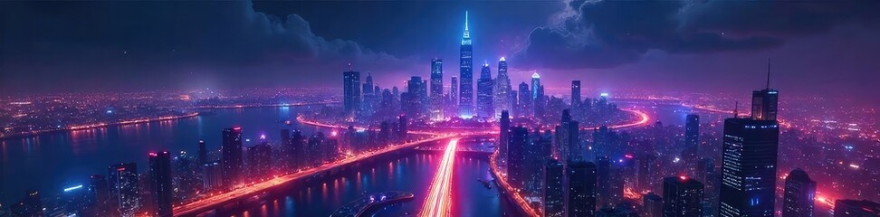 Futuristic cityscape at night, illuminated by vibrant, dynamic lights creating a breathtaking, otherworldly glow Perfect for sci-fi, technology, and urban themes , hope, progress, futuristic city