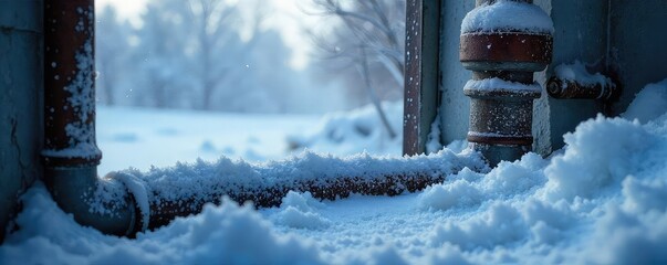 Frozen pipes, frost-covered window, icy landscape; a stark, chilling scene conveying the feeling of intense cold and winter's grip , freezing point, temperature