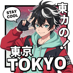 Youthful Character in Casual Attire with Playful Gesture Against Colorful Tokyo Background