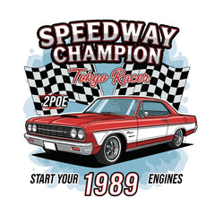 Vintage Race Car with Checkered Flag Design Celebrating Speed and Competition in Colorful Illustration