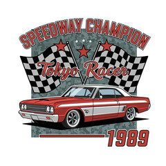 Retro Racing Car Graphic Featuring Speedways and Checkered Flags Celebrating Tokyo Racer Champion 1989