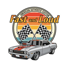 Classic American Muscle Car with Checkered Flags and Bold Retro Graphics for Racing Enthusiasts