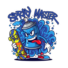 Playful Cartoon Character with Skateboard and Spray Paint Can Surrounded by Colorful Effects