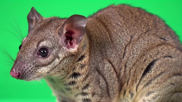 Close-up Portrait of a Spotted Genet with Unique Fur Markings Against a Bright Green Screen Background, Ideal for Wildlife and Nature Concepts