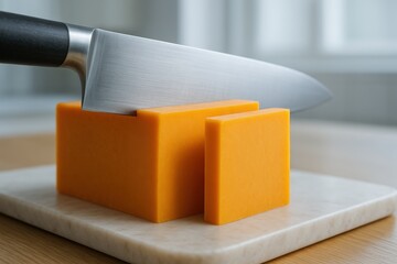 Slicing fresh cheddar cheese on a marble cutting board with a sharp knife