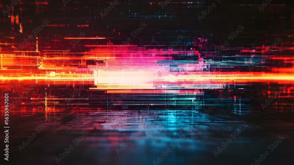 Poster a mesmerizing abstract background featuring digital motion blur glitch and neon light effects this d