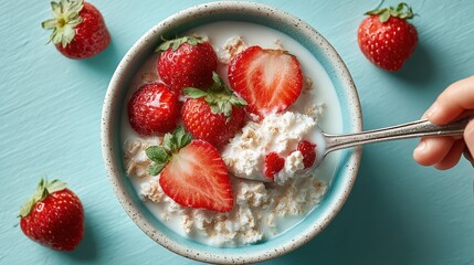 Preschooler enjoys multigrain cereal with strawberries from a blue bowl at breakfast