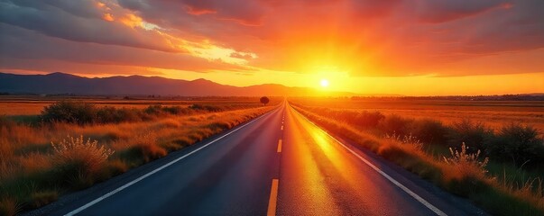 Golden hour light bathes a tranquil road stretching towards a vibrant sunrise, promising a new day's adventures Perfect for travel, nature, and inspirational projects , sun rays, optimism