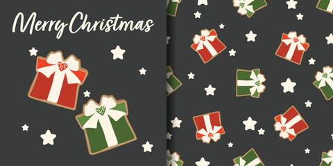 Christmas holiday banner and seamless pattern of gift box cookies and small white stars on black background.