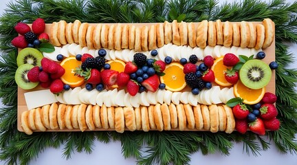 Photo of a festive fruit and cheese platter with assorted berries, citrus, kiwi, and crackers
