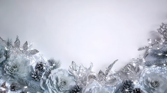 Minimalist Festive Background with Icy Blue Pine Cones Leaves and Sparkling Lights for Text