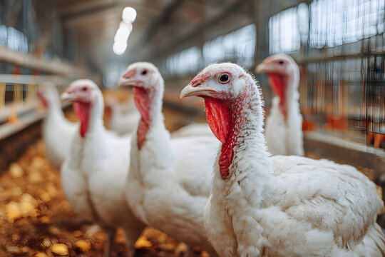 conditions for growing turkey on a poultry farm in a barn with sawdust and feeders. trimmed beaks and wings. meat industry.