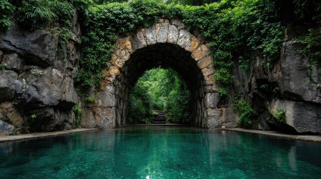Serene pool nestled beneath a stone archway.