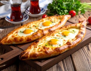Baked bread with eggs and cheese on a wooden board