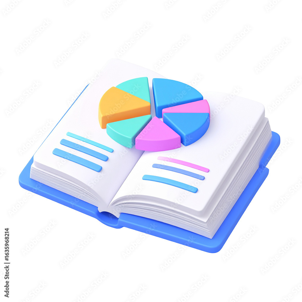 Poster open book displaying a colorful pie chart, a visual representation of data and information.