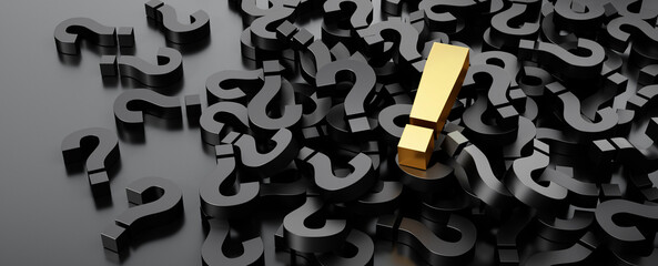 Pile of black question mark symbols with exclamation mark on top - 3D illustration