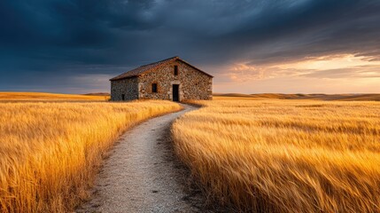 Fototapeta premium A stone barn stands solitary in a golden wheat field at sunset.