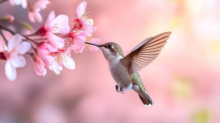Naklejka premium Graceful Hummingbird Dancing Among Delicate Pink Petals, Nature s Symphony of Beauty and Life.