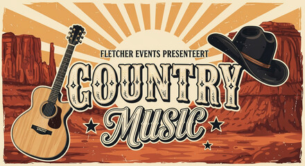 Vintage country music festival poster with an acoustic guitar and cowboy hat in a classic western desert landscape.