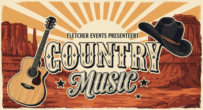 Vintage country music festival poster with an acoustic guitar and cowboy hat in a classic western desert landscape.