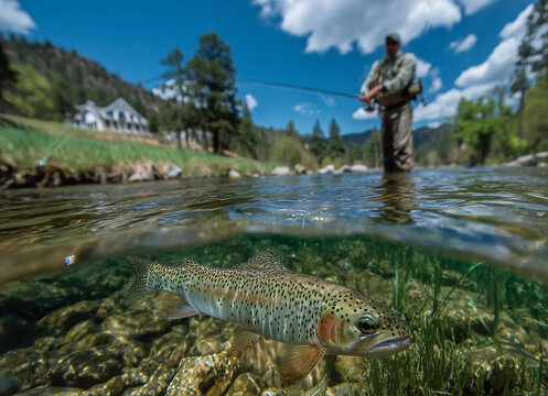 Rainbow trout underwater, fly fisherman in background - Powered by Adobe