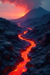 Lava flows from a volcanic vent, creating a dramatic landscape of fiery red and black rock under a smoky sky The molten rock slowly advances, reshaping the earth , hawaii volcano, magma, flow