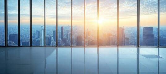 Fototapeta premium Modern Business Interior with City View and Morning Sunlight Streaming Through Large Office Windows