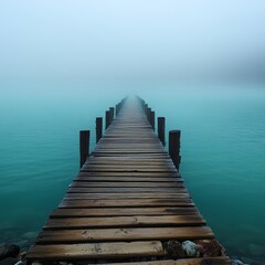 Fototapeta premium Serene Waterscape with a Wooden Pier Vanishing into Misty Lake, Capturing Tranquility and Peace