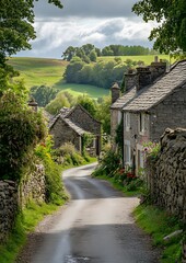 35. A narrow village road with stone walls