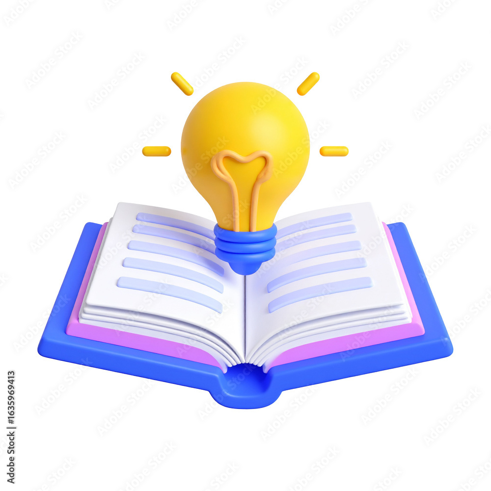 Poster bright yellow lightbulb sitting atop an open book, symbolizing knowledge and insight. 3d rendering