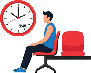 Obraz premium Vector illustration flat vector art of man sitting in a waiting room chair next to a clock, isolated on white background