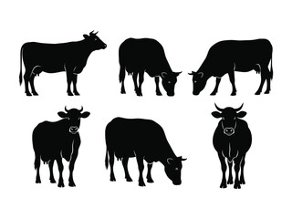 Cattle Silhouette Set: A minimalist representation of domestic cattle in various poses, these images offer a versatile design element for illustrating farming, livestock, or nature-related content.