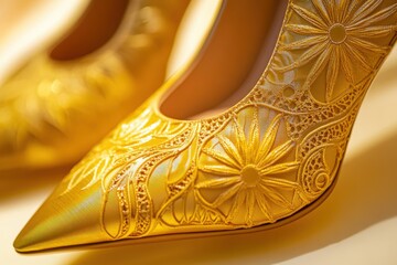 Close-up view of golden shoes with intricate designs.