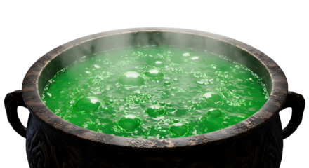 Boiling cauldron: A close-up shot of a bubbling green liquid simmers inside a large, rustic cauldron, the steam rising invitingly. An image that's brimming with mystique and visual intrigue.