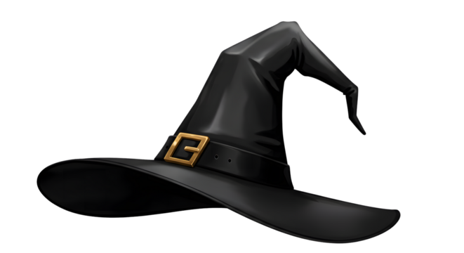 Halloween Witch Hat: A classic witch hat is isolated, exuding an air of mystery, crafted from black material with a golden buckle, perfect for a spooky occasion.