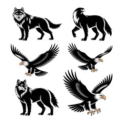 Majestic Wolves and Eagles:  Black and White Line Art, Powerful Wildlife Set